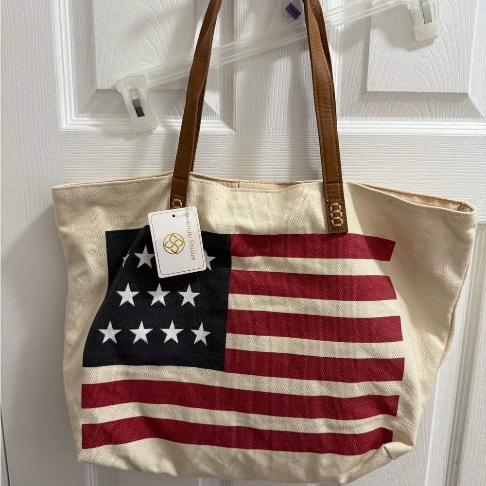 Straw Studios Flag Canvas Tote with Brown Straps Handles